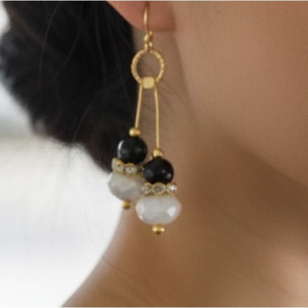 HAND CRAFTED MONOCHROMATIC DANGLE EARRINGS Black Glass & White Faceted Crystals